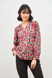 Mosaic Berry Geometric V Neck Top - Multicolor