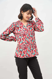 Mosaic Berry Geometric V Neck Top - Multicolor