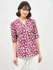 Mosaic Plum Geometric V-Neck Top - plum