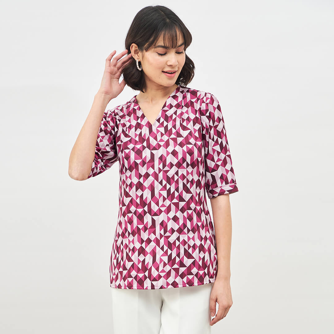 Mosaic Plum Geometric V-Neck Top - plum