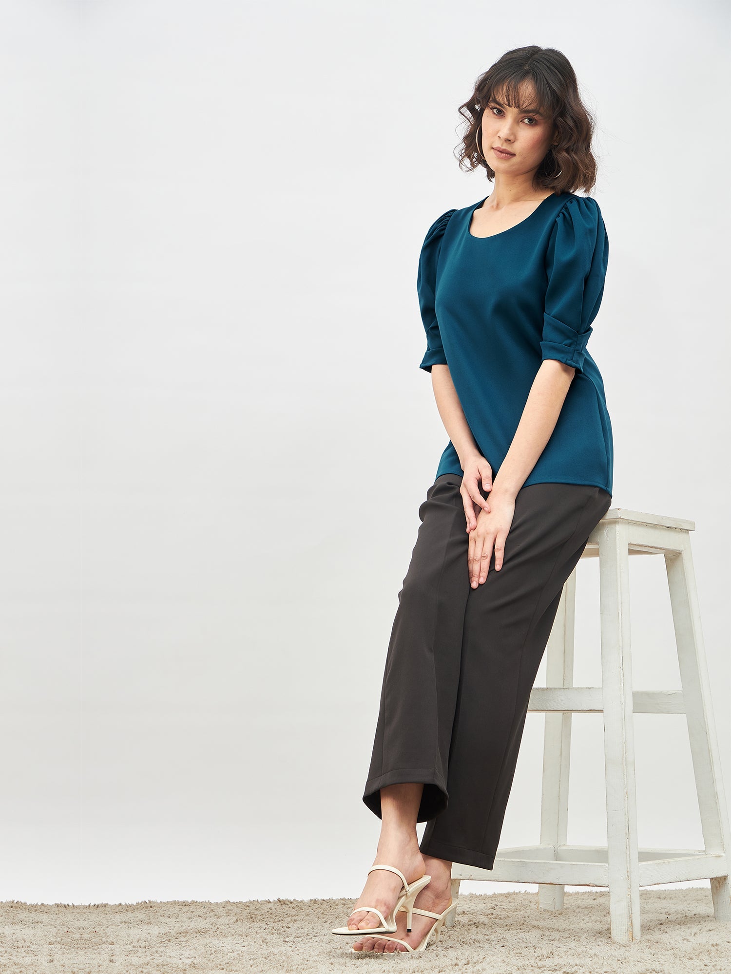 Jaunty Puffed Sleeves Top-Teal