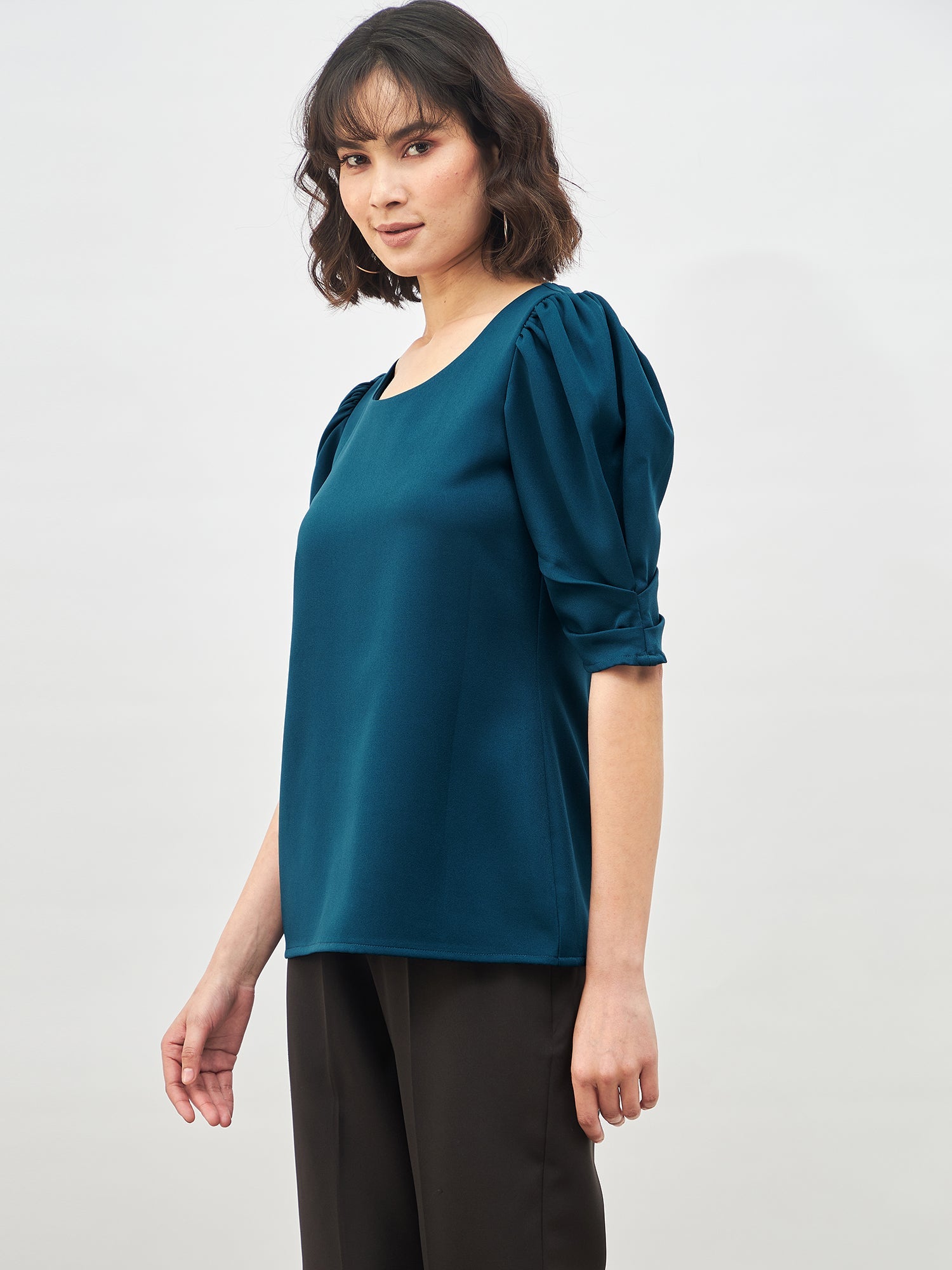 Jaunty Puffed Sleeves Top-Teal