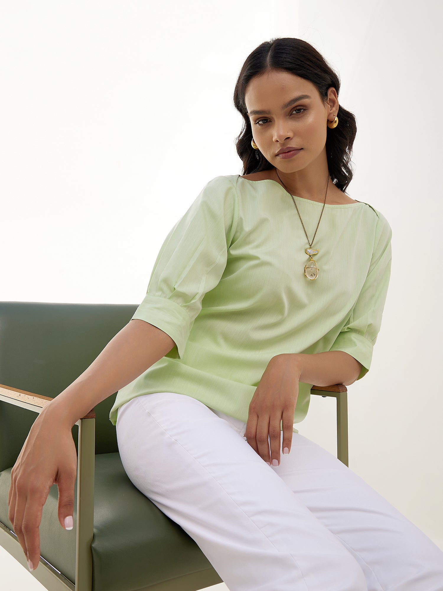 Celery Pleated Sleeve Top-Fresh Green