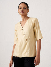 Winslet Asymmetric Button Down Top-Beige