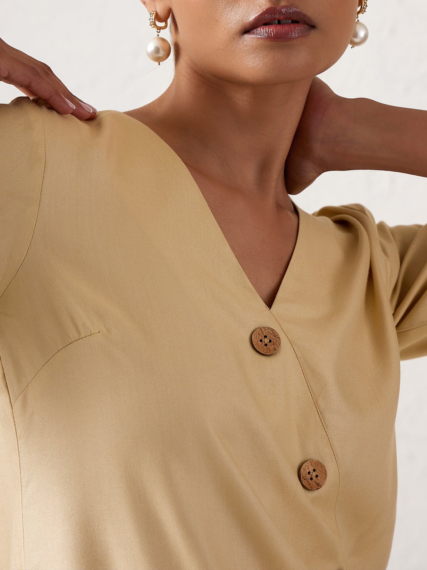 Winslet Asymmetric Button Down Top-Beige