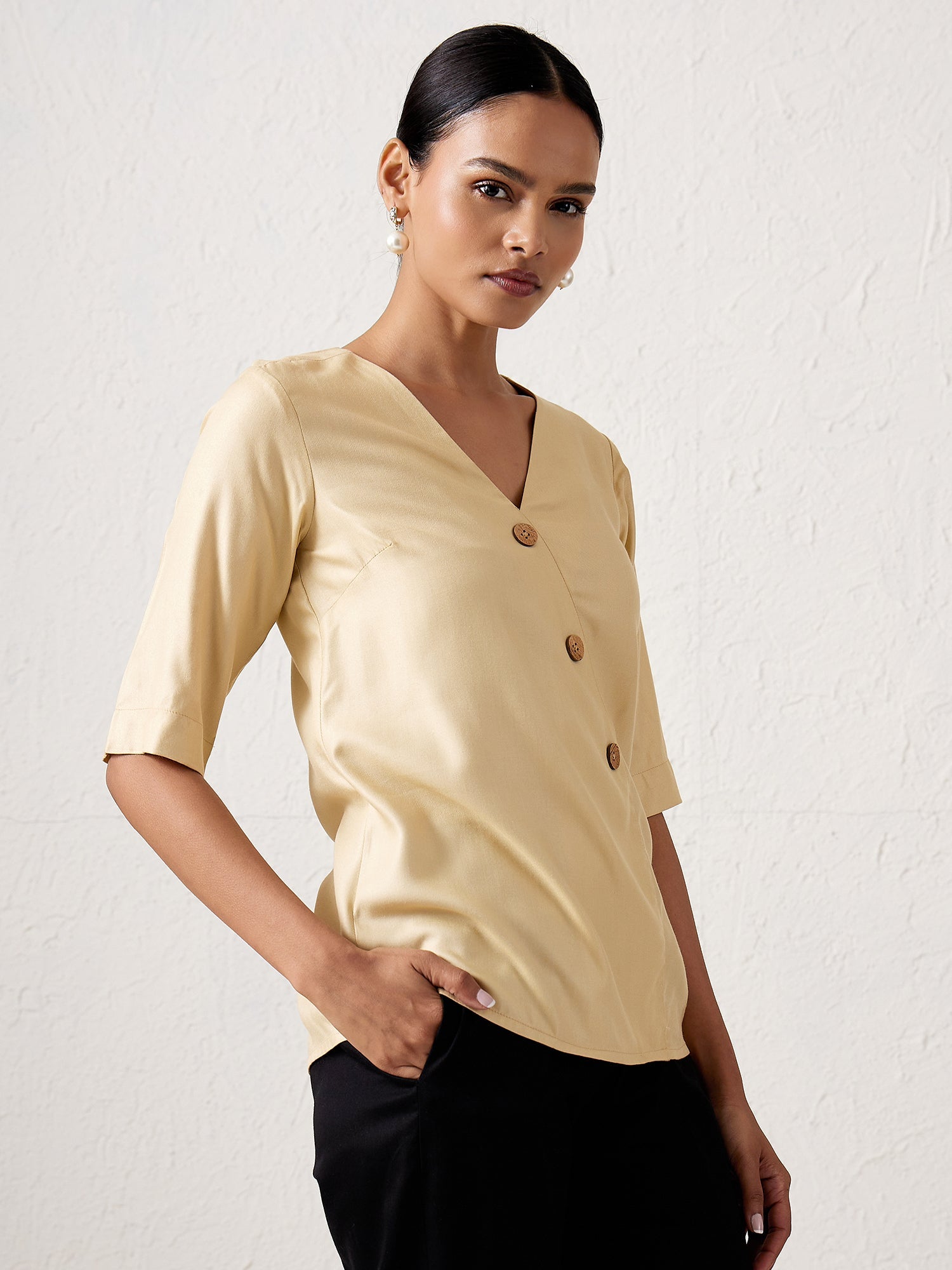 Winslet Asymmetric Button Down Top-Beige