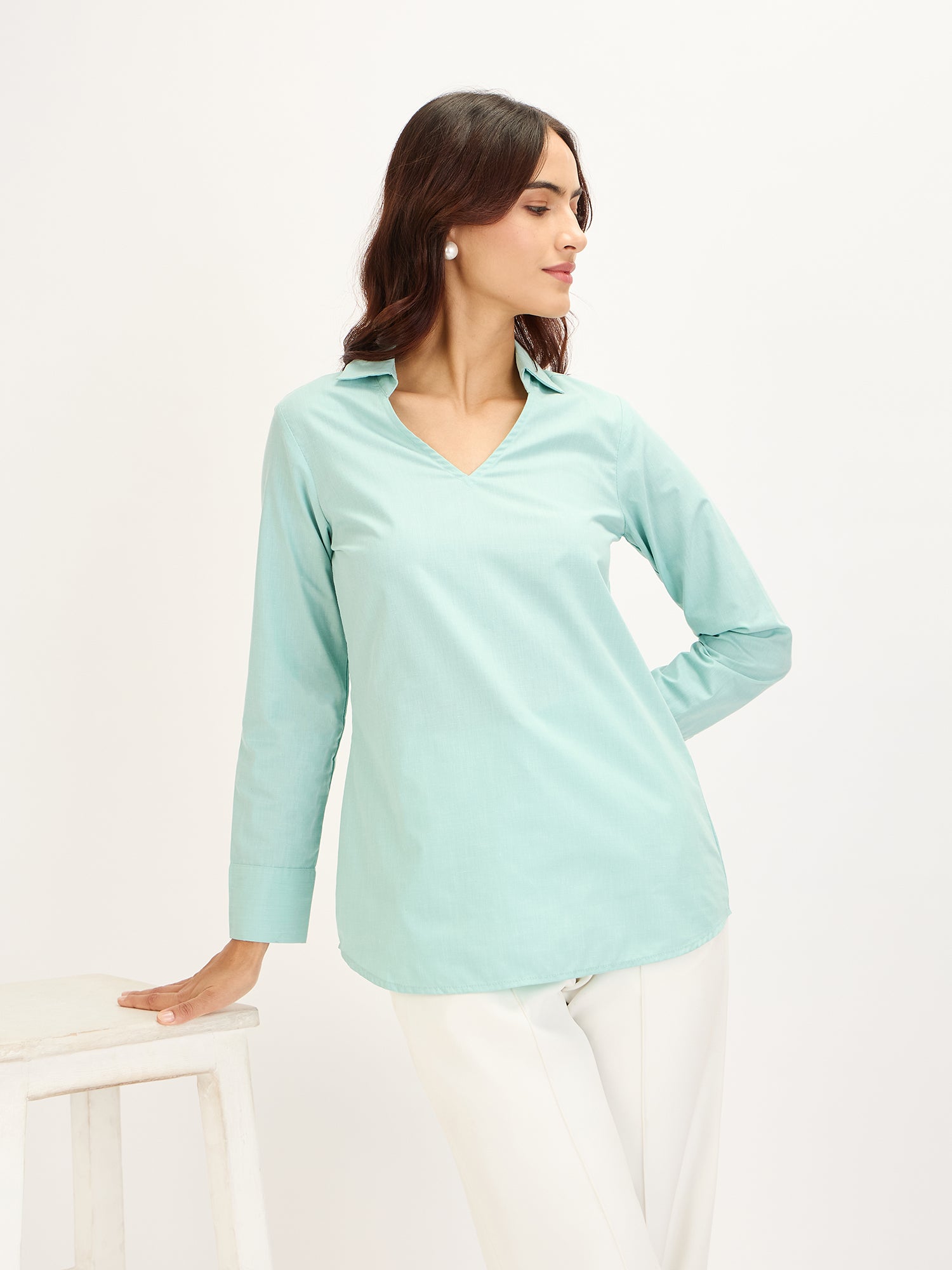 Allure Collared Long Top-Aqua