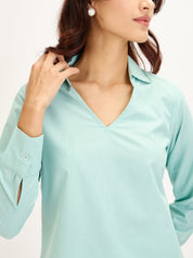 Allure Collared Long Top-Aqua