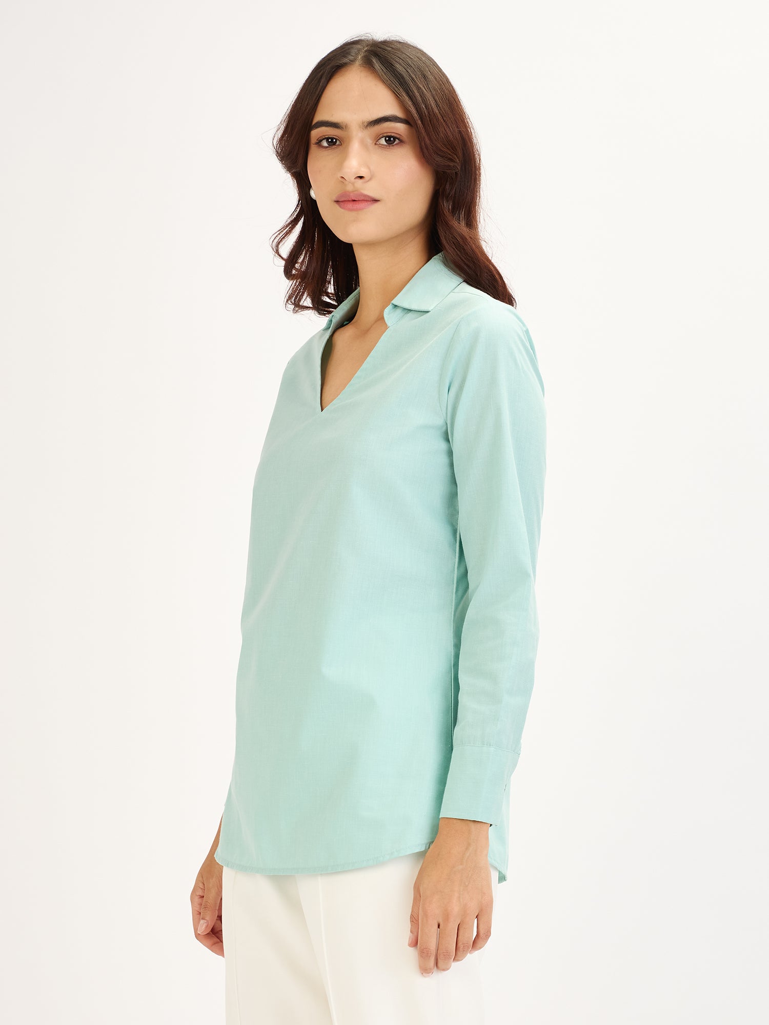 Allure Collared Long Top-Aqua