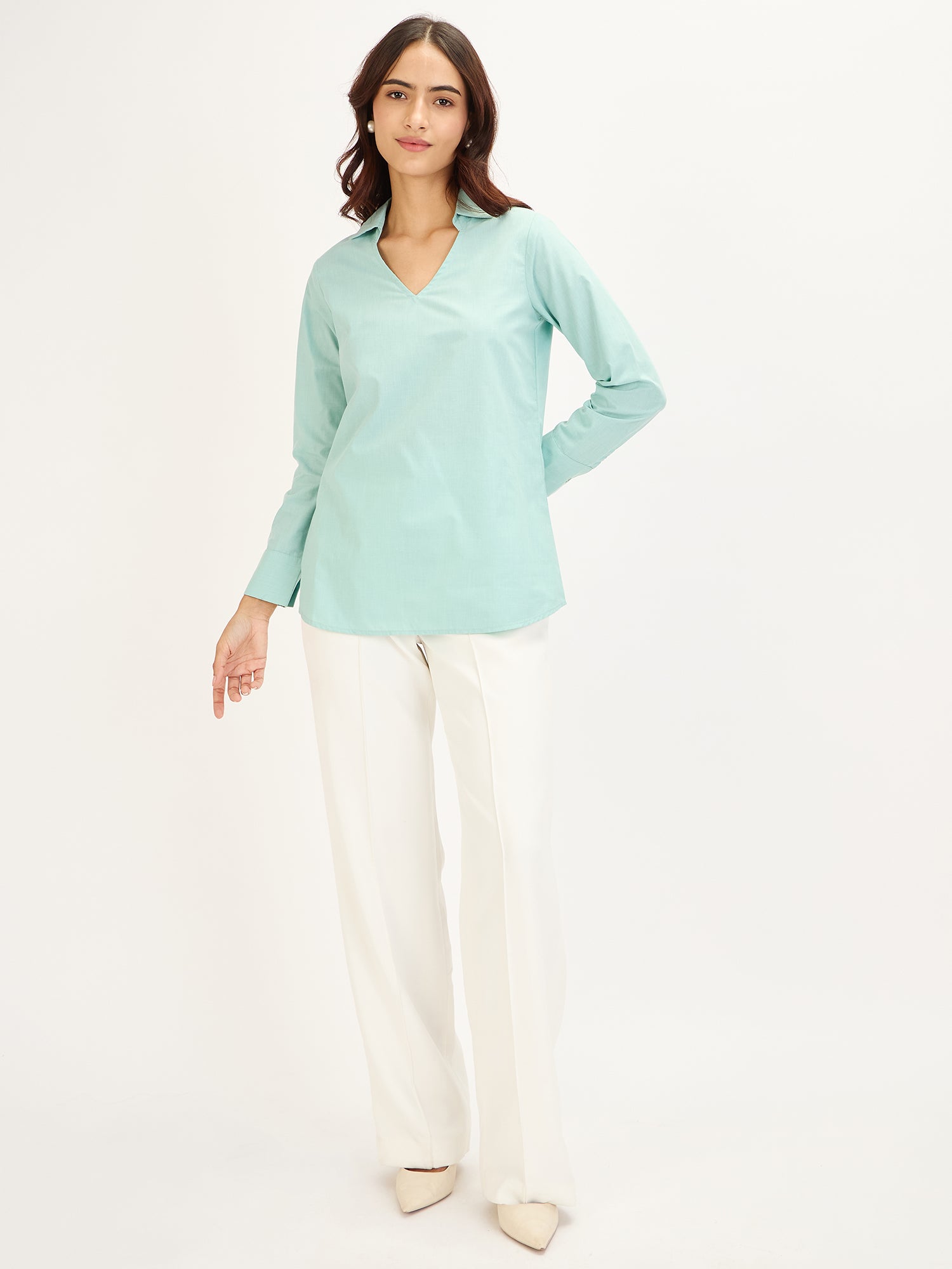 Allure Collared Long Top-Aqua