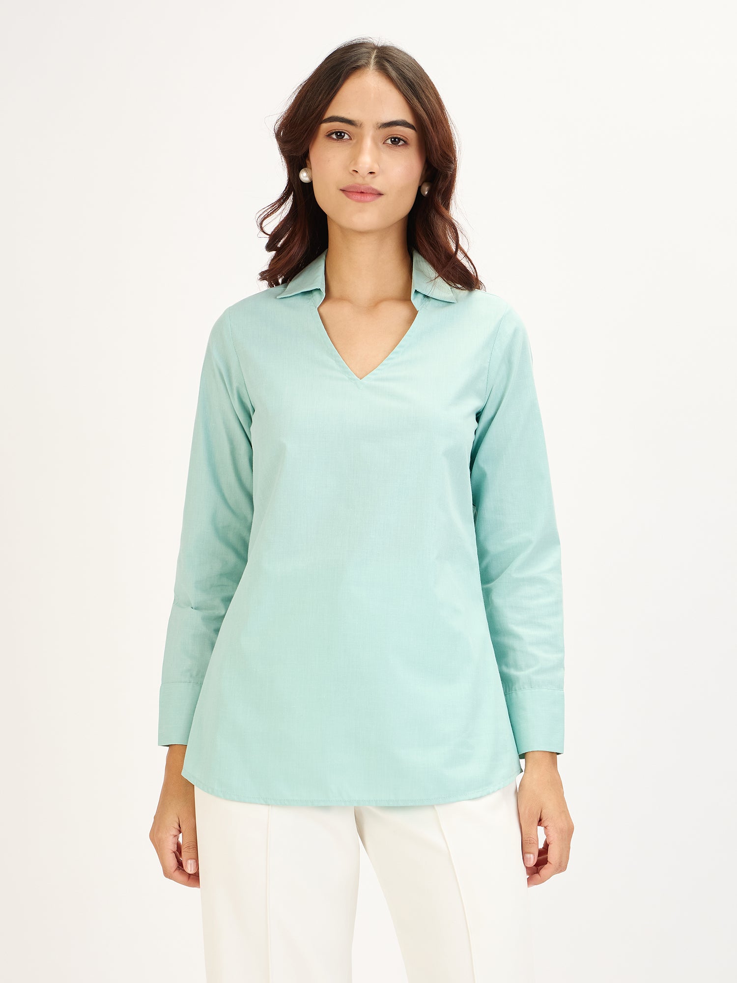 Allure Collared Long Top-Aqua