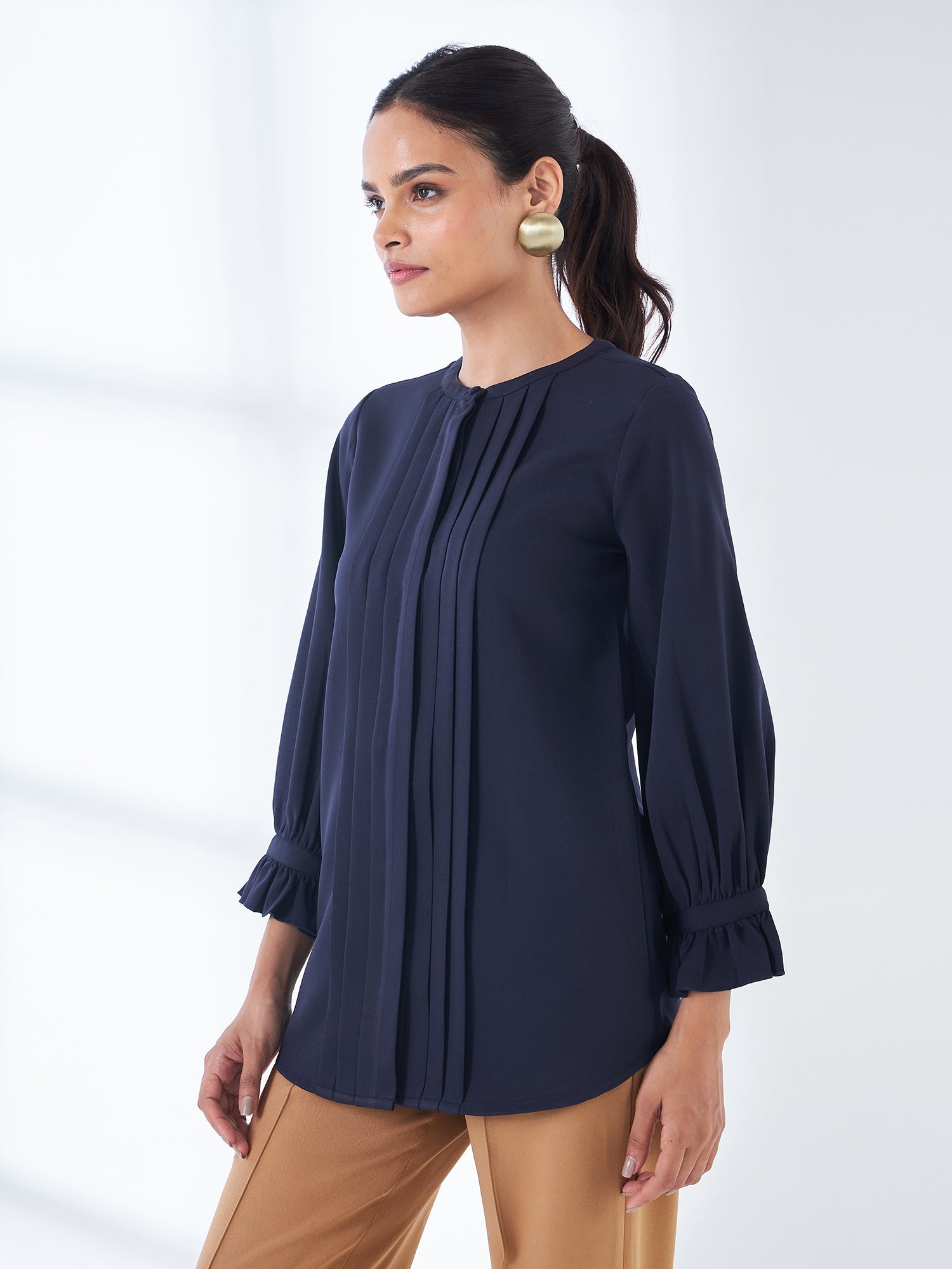 Panache-Navy Pintuck Detailing Top-Navy