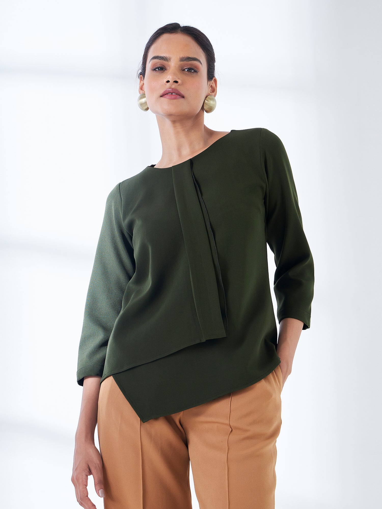 Diplomatic Asymmetric Layered Top-Olive Green