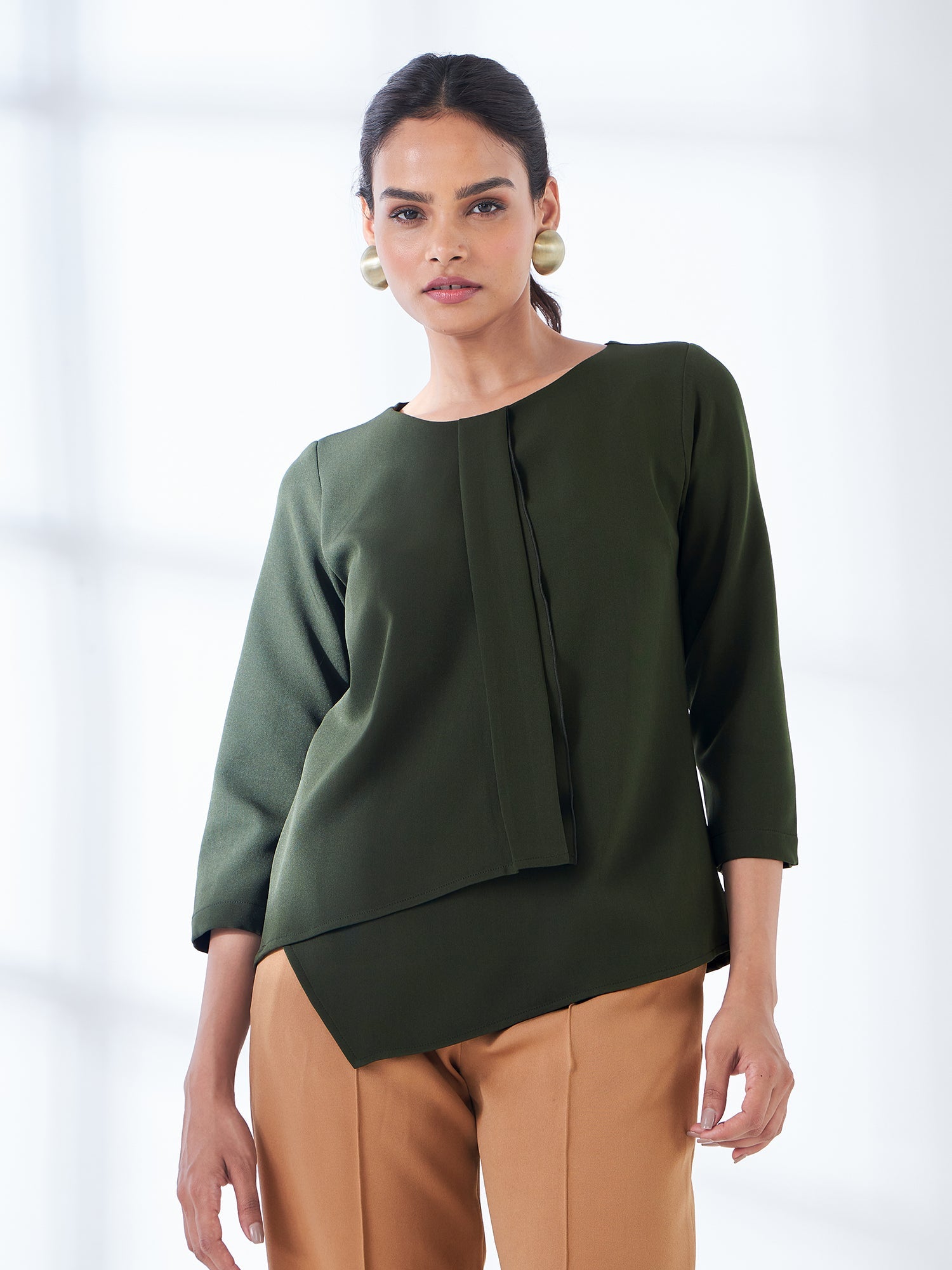 Diplomatic Asymmetric Layered Top-Olive Green