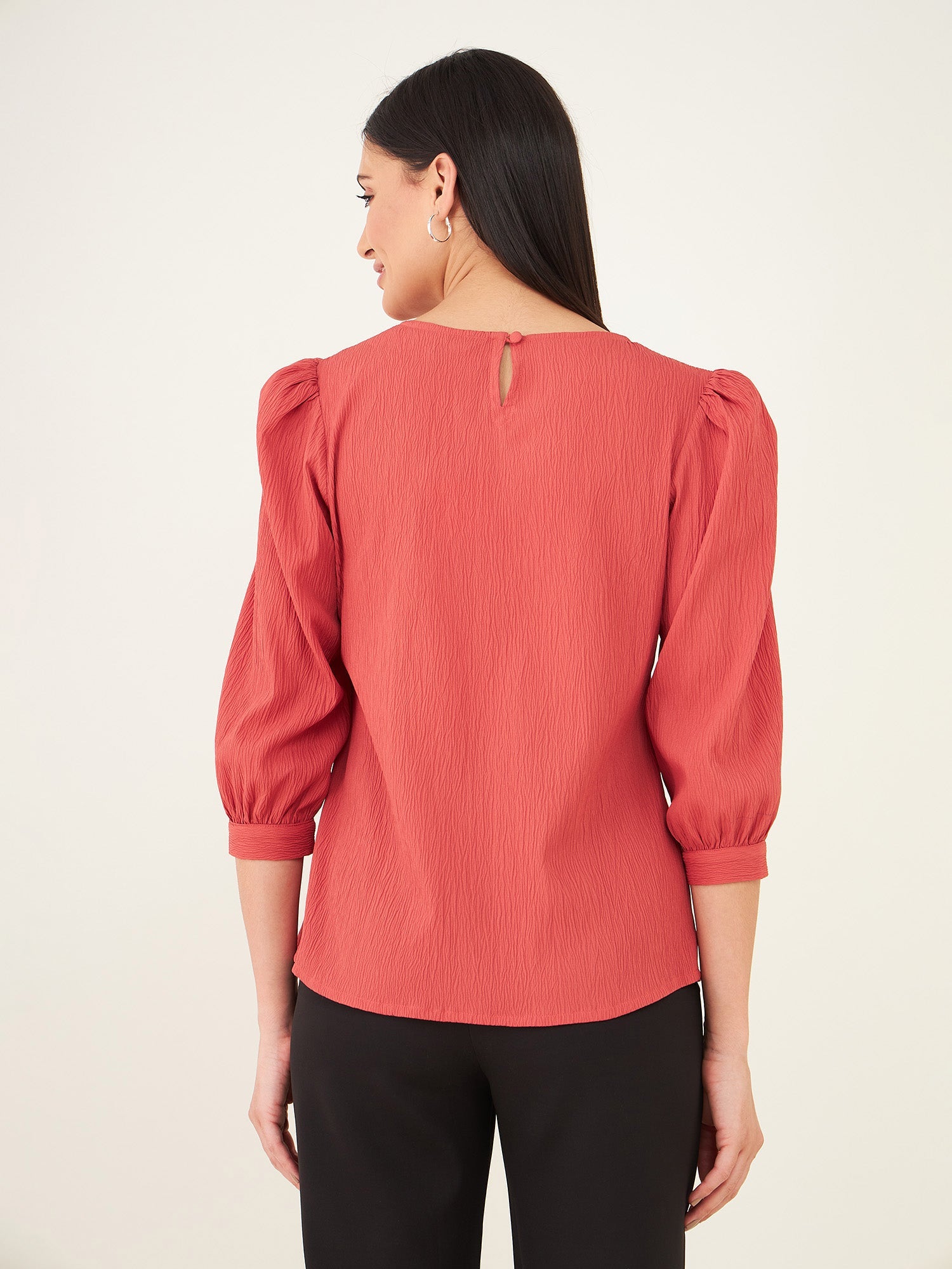 Granada Plisse Pleated Neckline Top-Dark Peach