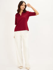 Woody Knit Collared V-neck Top-Maroon