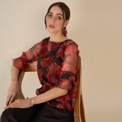 Asharfi Floral Ruffled Sleeves Top-Red/Black