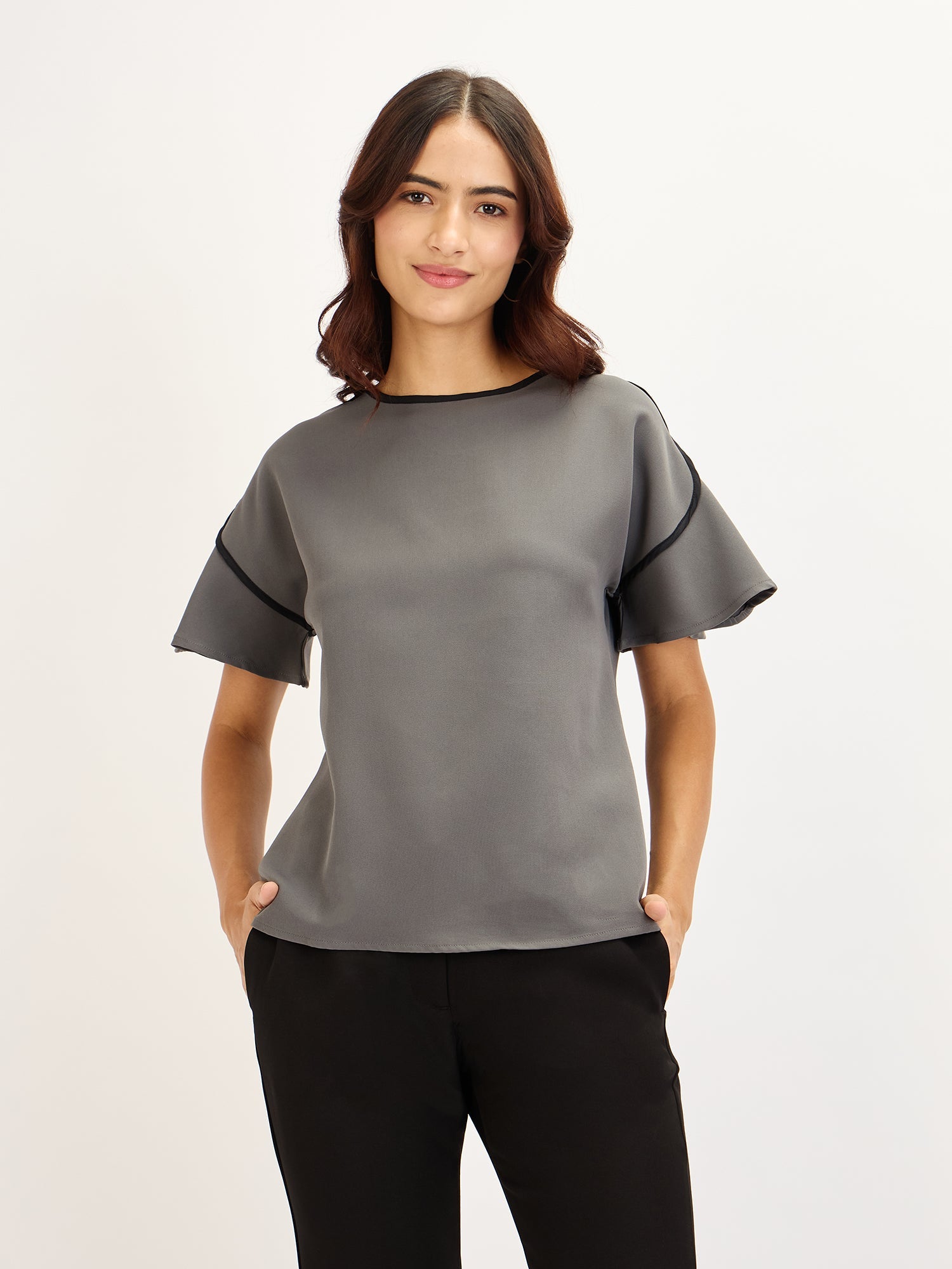 Chloe Grey Contrast Piping Top - Grey