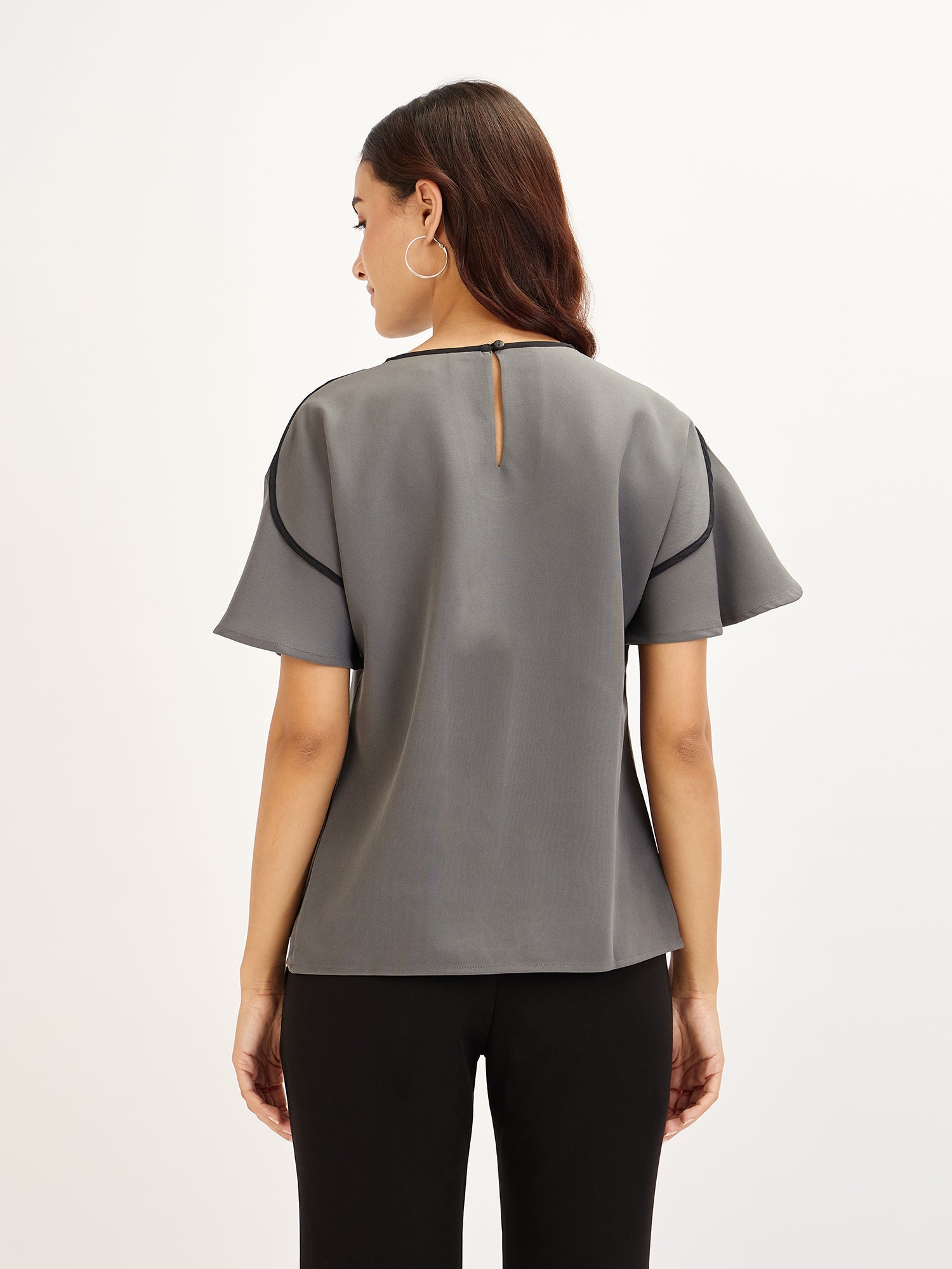 Chloe-Grey Contrast Piping Top - Grey