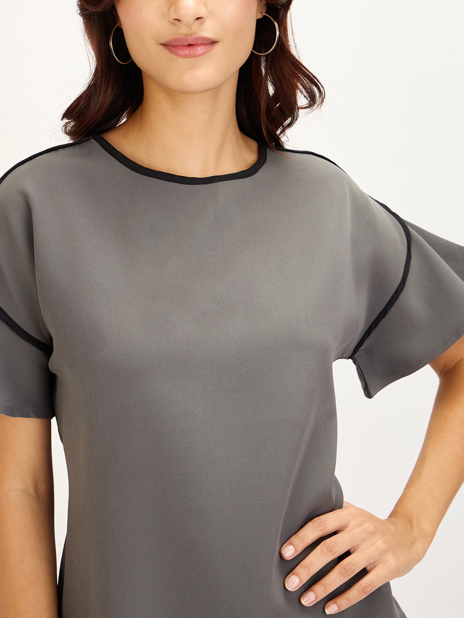 Chloe-Grey Contrast Piping Top - Grey