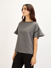 Chloe-Grey Contrast Piping Top - Grey