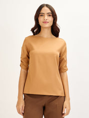 Mellow-Biscuit Brown Ruched Sleeve Top - Biscuit Brown