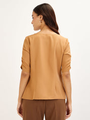 Mellow-Biscuit Brown Ruched Sleeve Top - Biscuit Brown