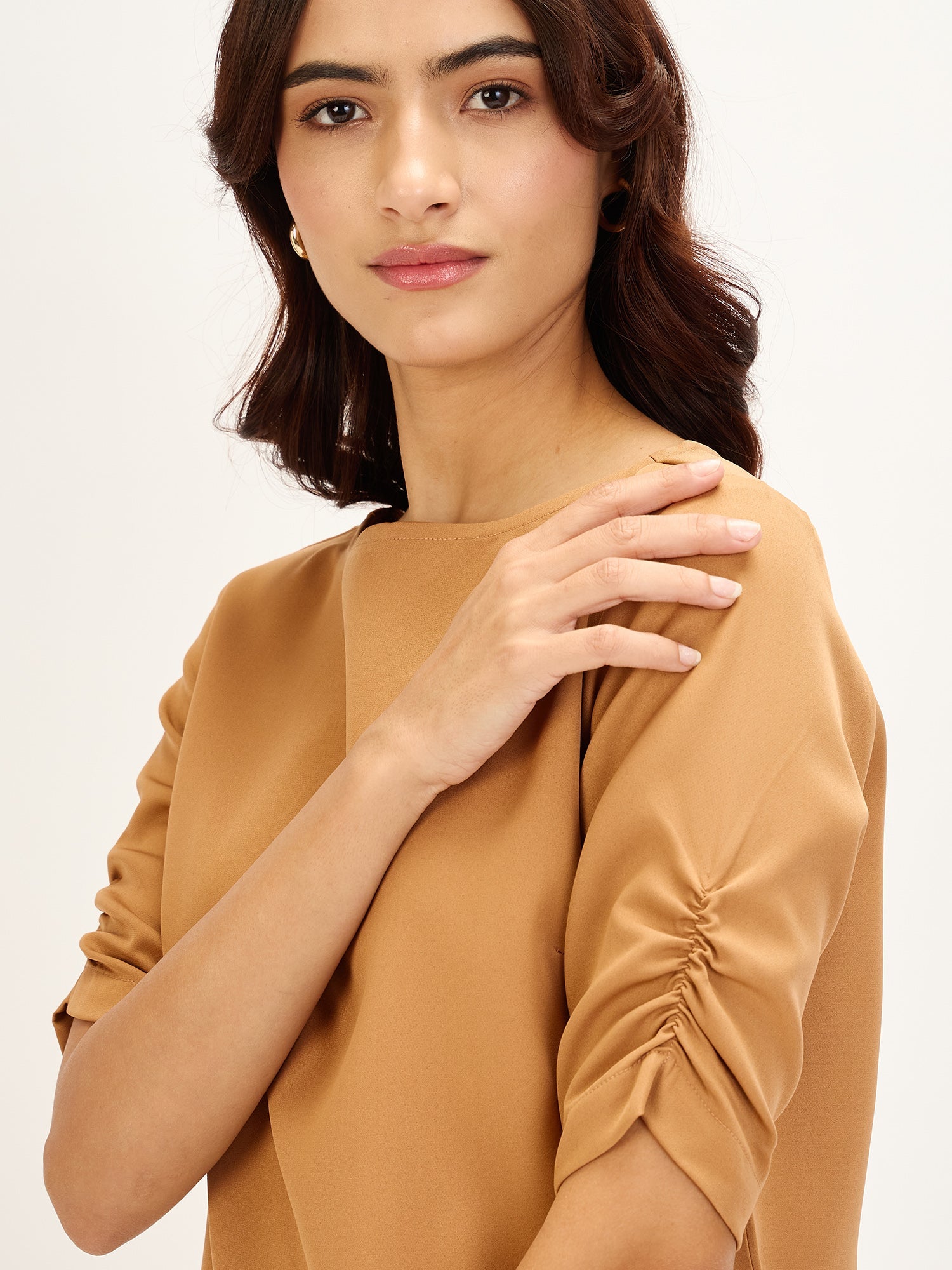 Mellow-Biscuit Brown Ruched Sleeve Top - Biscuit Brown