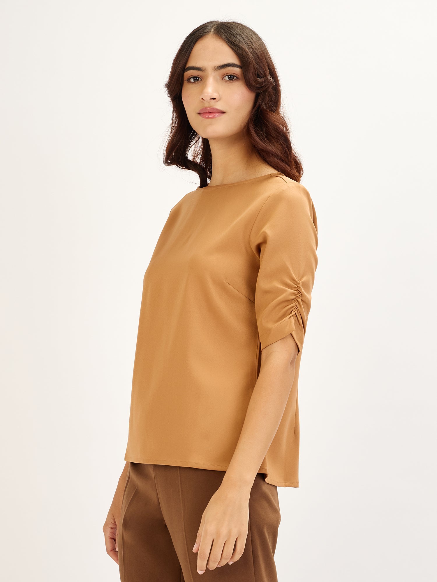 Mellow-Biscuit Brown Ruched Sleeve Top - Biscuit Brown