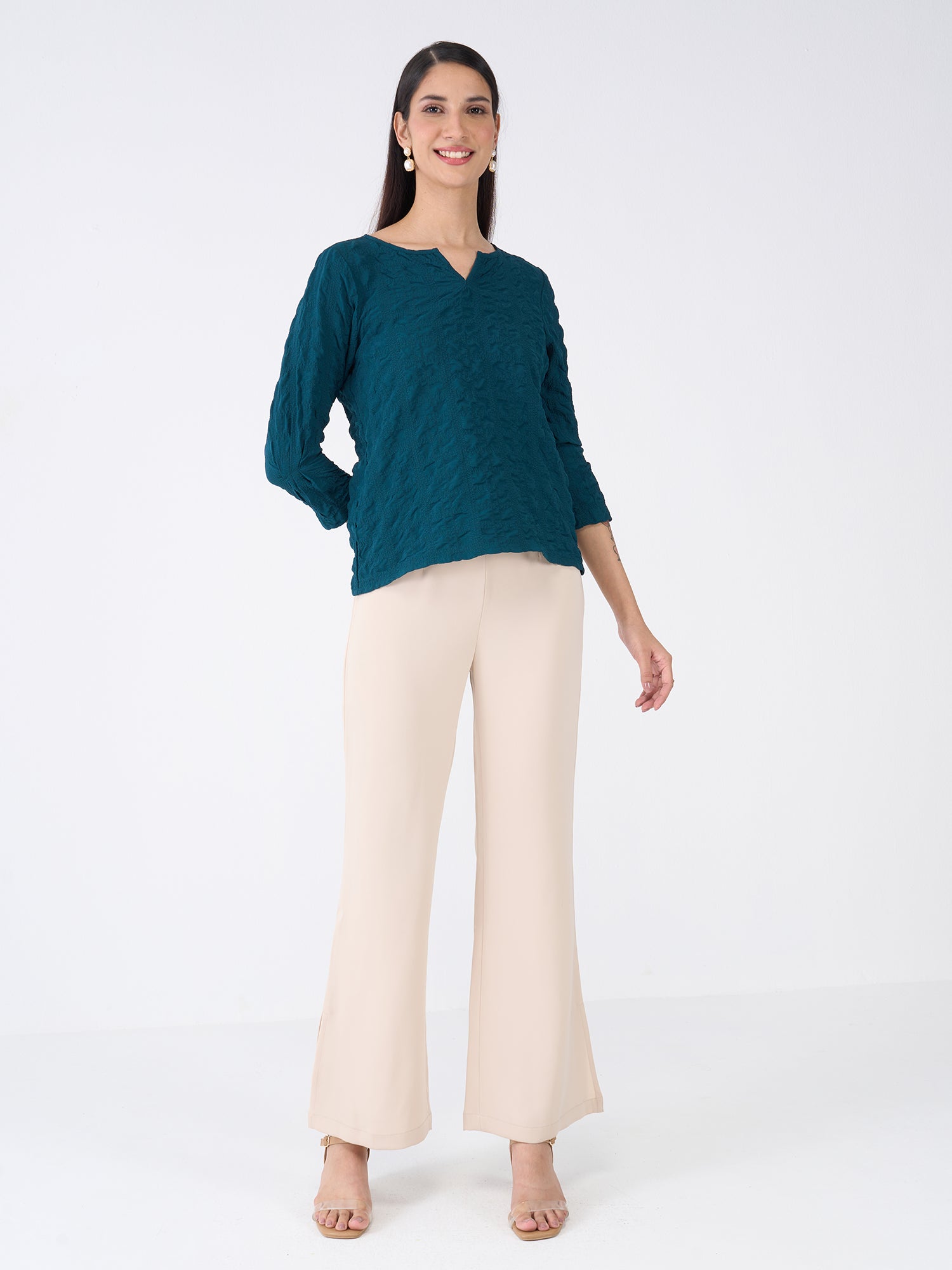 Granita Textured Split V-neck Top-Teal Green