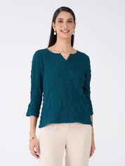 Granita Textured Split V-neck Top-Teal Green