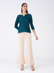 Granita Textured Split V-neck Top-Teal Green