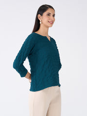 Granita Textured Split V-neck Top-Teal Green