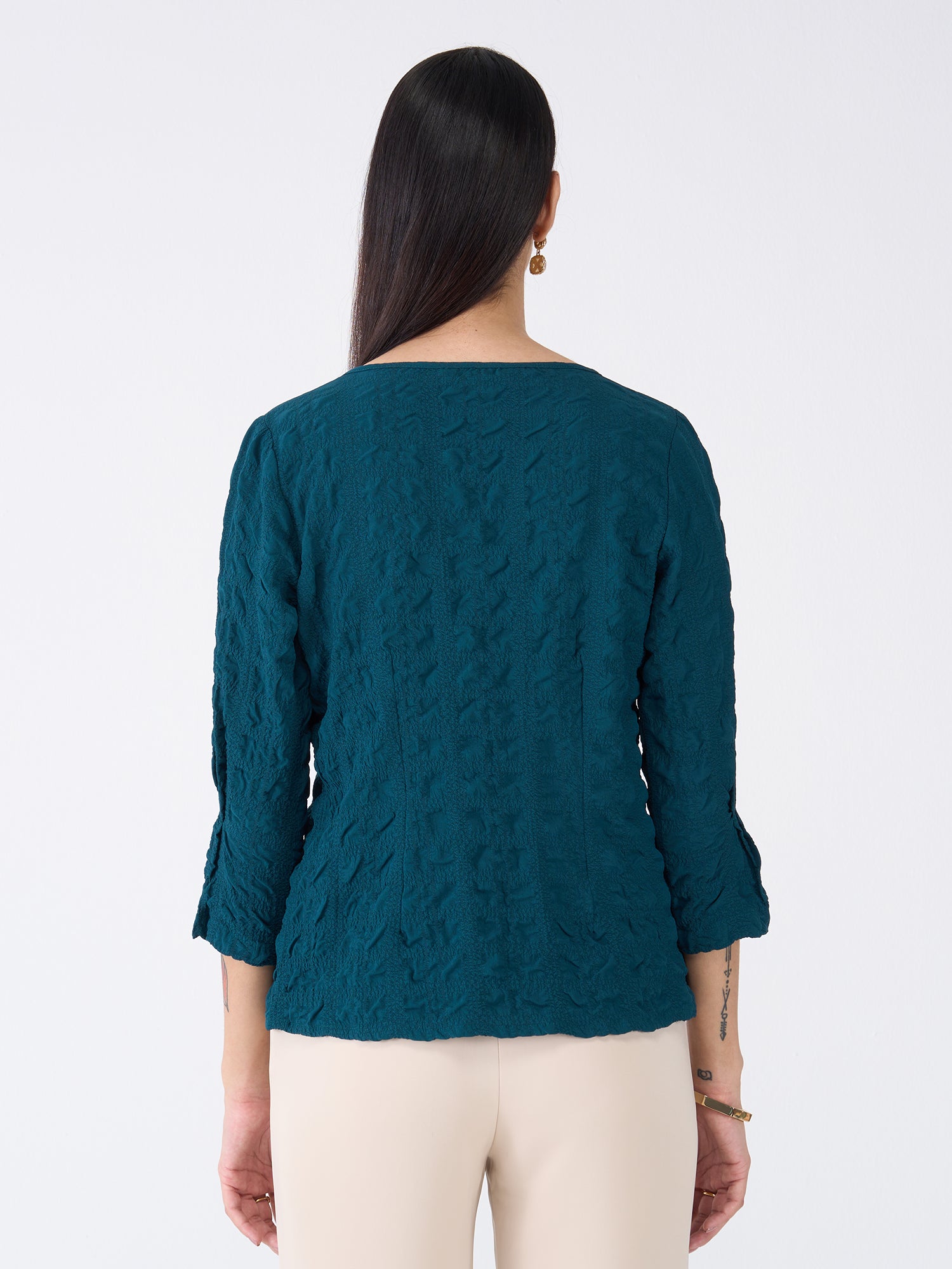 Granita Textured Split V-neck Top-Teal Green