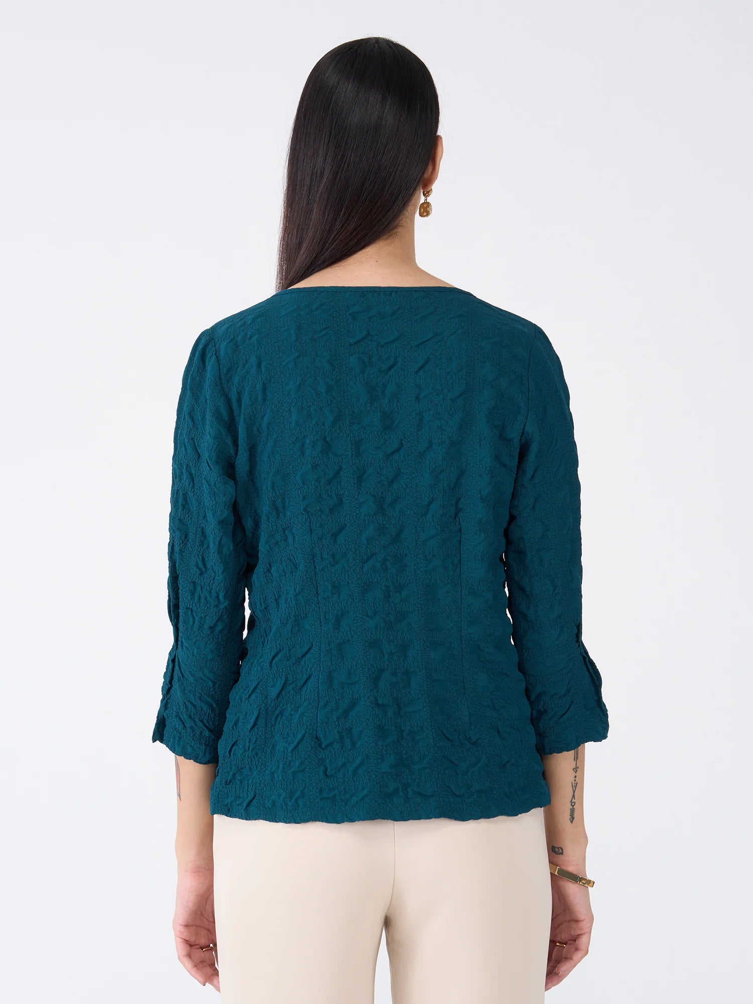 Granita Textured Split V-neck Top-Teal Green