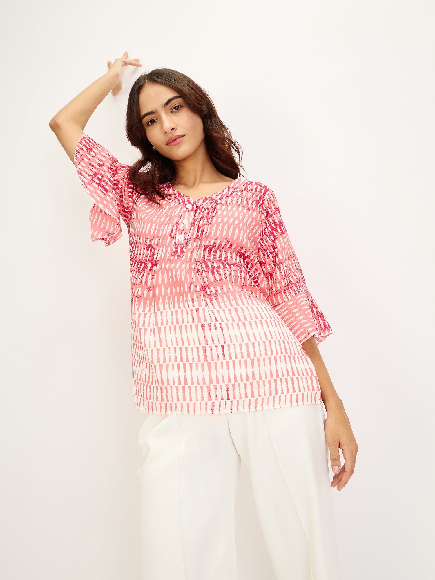 Boheme Abstract Half Placket Top - Pink