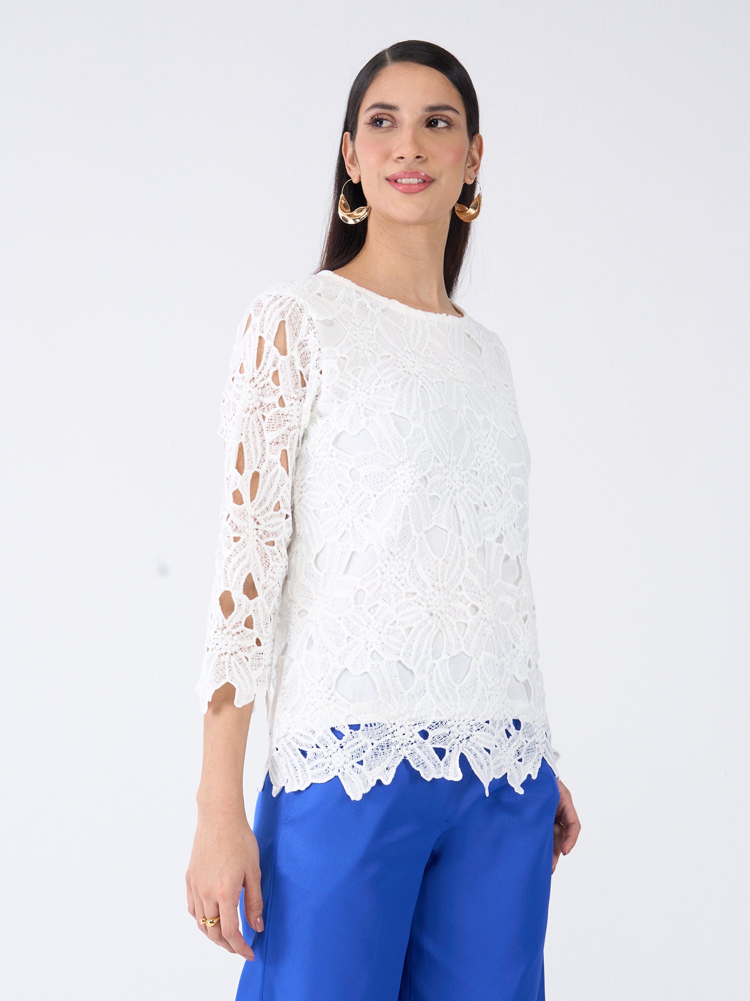 Ivory Bouquet Scalloped Hem Lace Top-Ivory