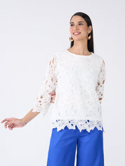 Ivory Bouquet Scalloped Hem Lace Top-Ivory