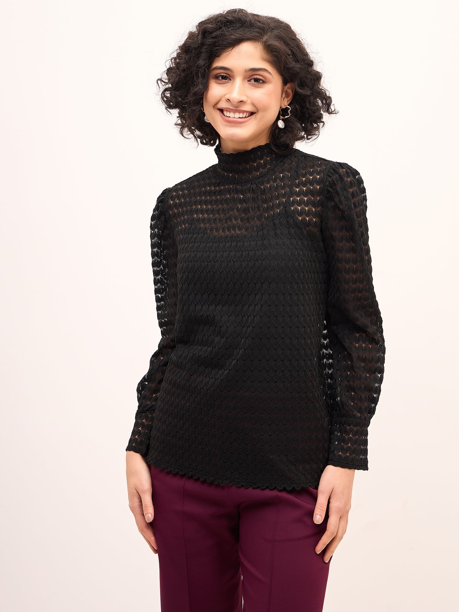 Regal Raven High Neck Lace Top-Black