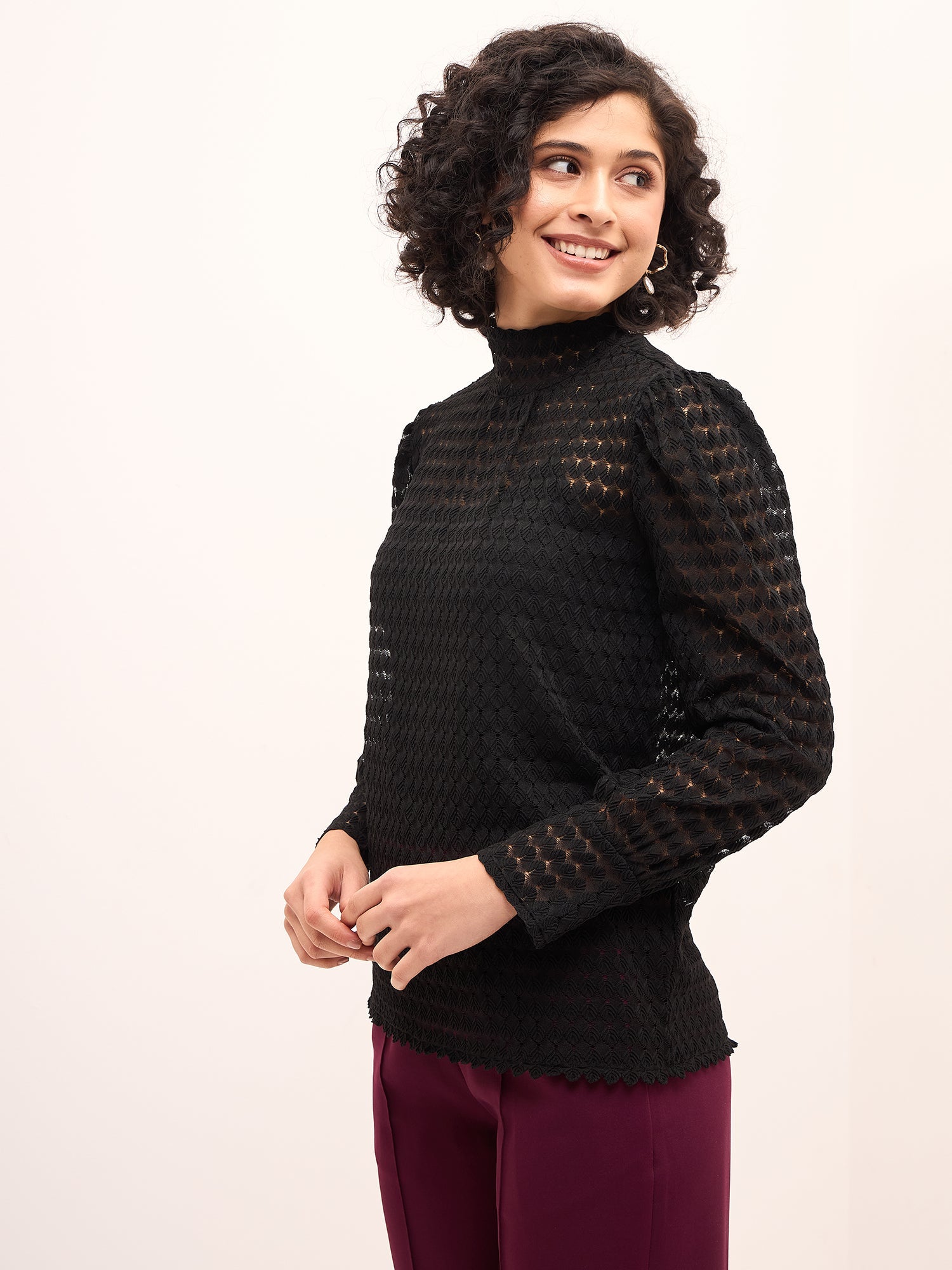 Regal Raven High Neck Lace Top-Black
