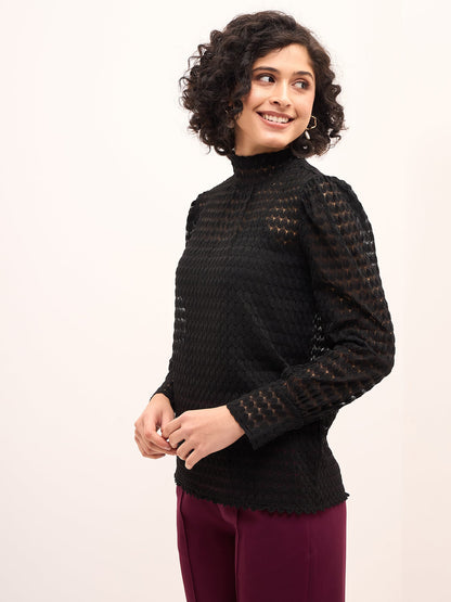 Regal Raven High Neck Lace Top-Black