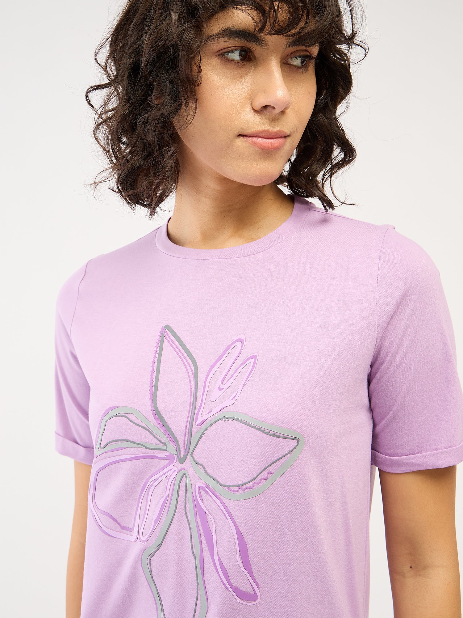 Regalia Tee Floral Round Neck T-Shirt-Lilac/Grey