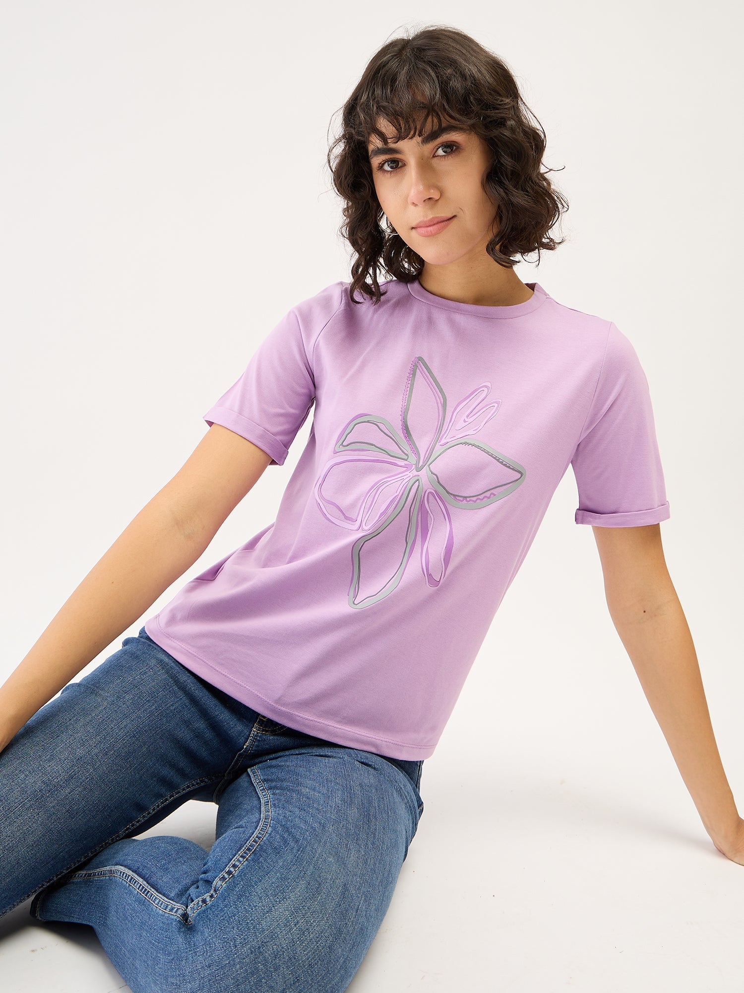 Regalia Tee Floral Round Neck T-Shirt-Lilac/Grey