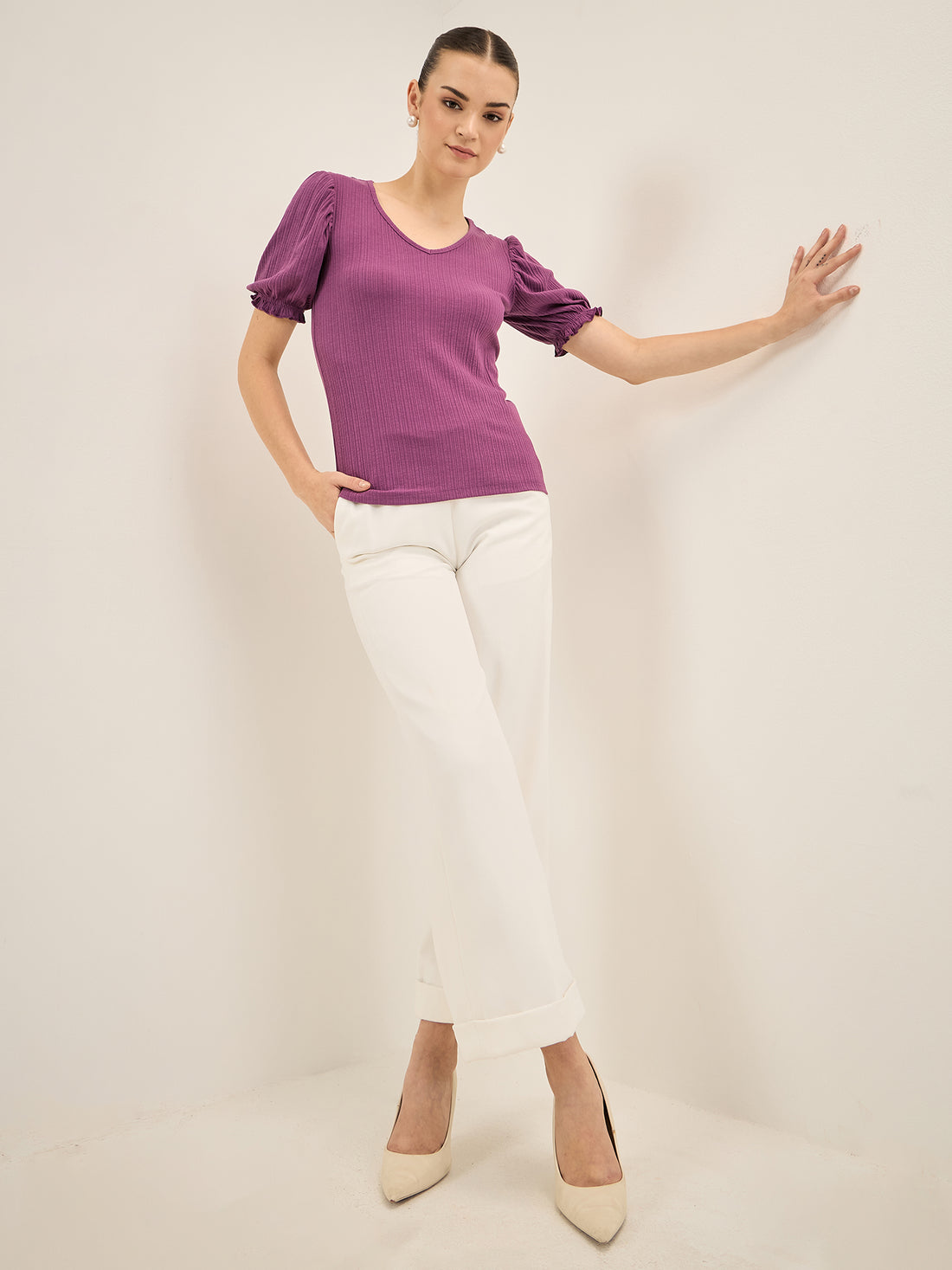 Peppy Tee-Purple Gathered Sleeves T-Shirt - Purple