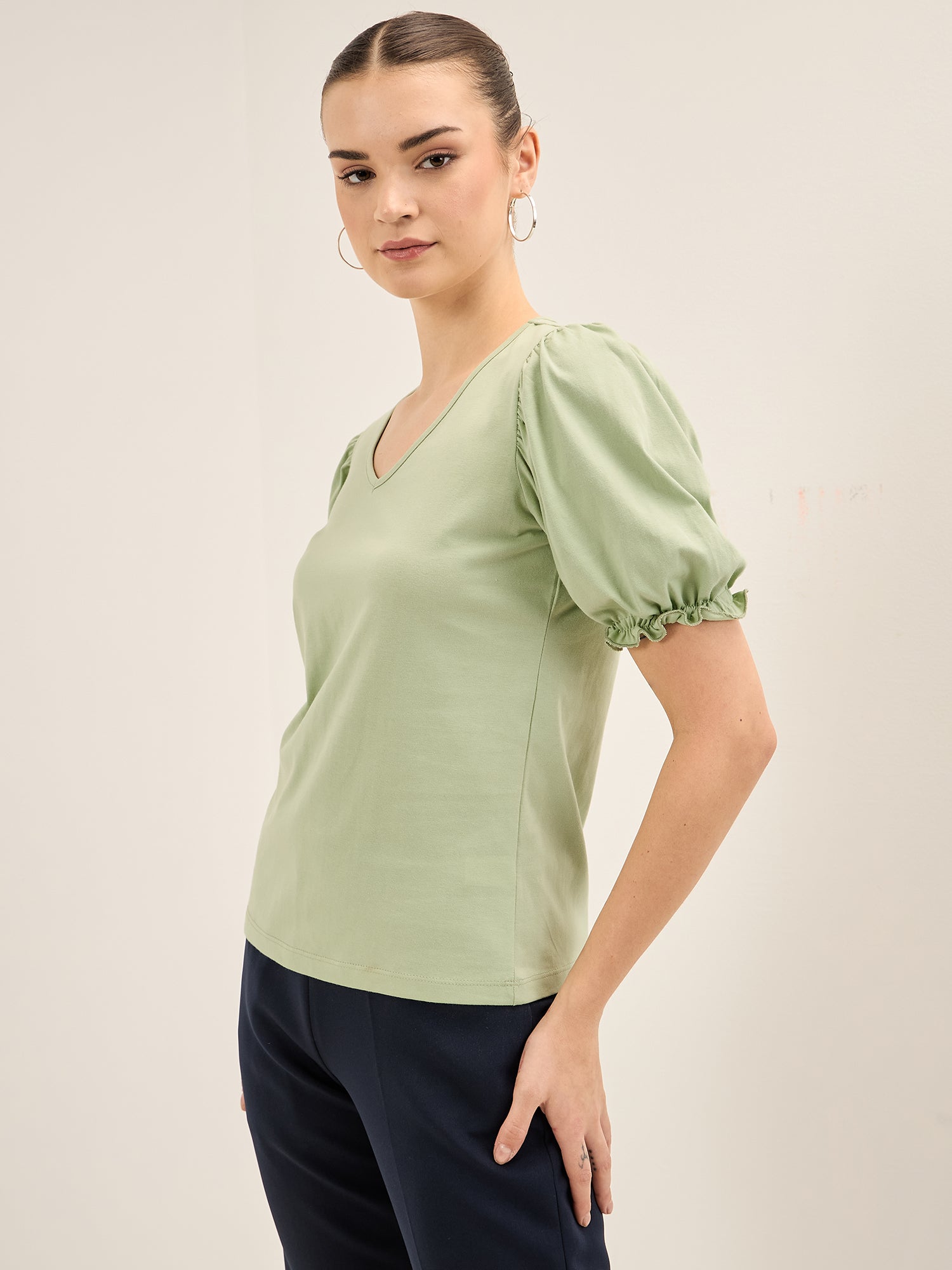 Peppy Tee-Mint Gathered Sleeves T-Shirt - Mint