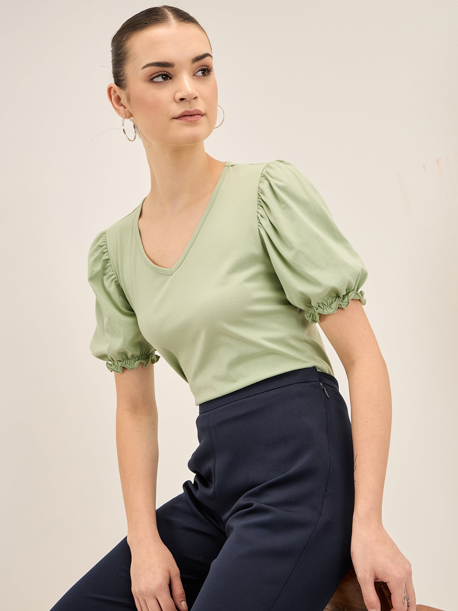 Peppy Tee-Mint Gathered Sleeves T-Shirt - Mint