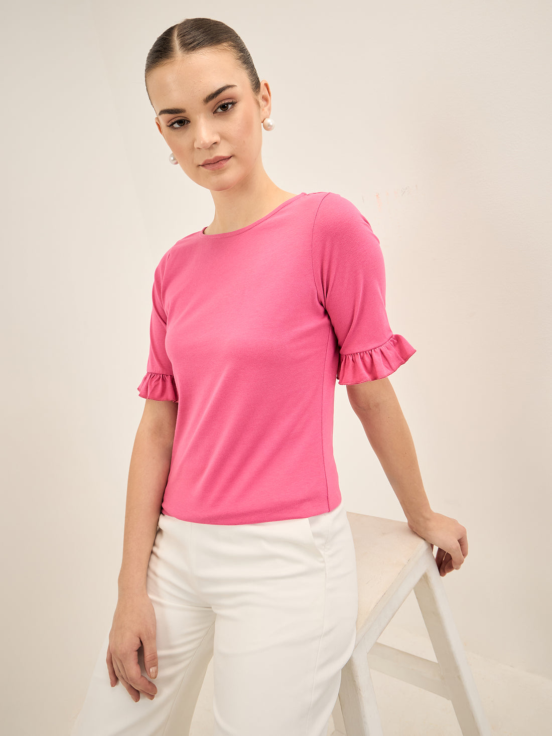 Cushy Tee-Pink Ruffled Sleeves T-Shirt - Pink