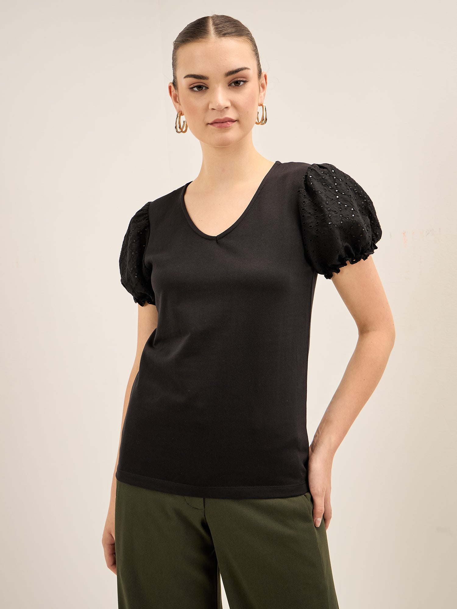 Broderie Tee Schiffli Insert T-Shirt - Black