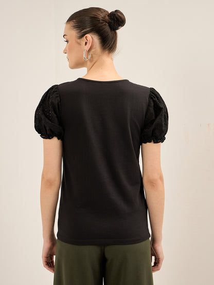 Broderie Tee Schiffli Insert T-Shirt - Black