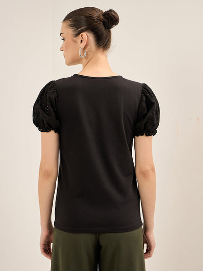 Broderie Tee Schiffli Insert T-Shirt - Black